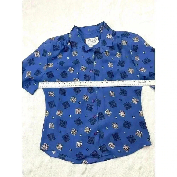 VTG Kathy Comelli Women's Blue Retro Blouse Button Up Top Sz Small Short Sleeve - Picture 7 of 9